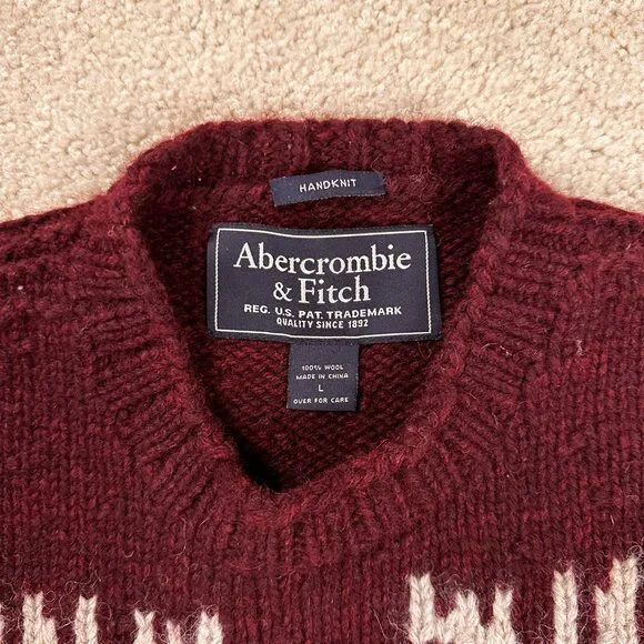 ABERCROMBIE & FITCH Hand Knit Sweater Men’s Large 100% Wool Fair Isle Moose - Picture 5 of 9